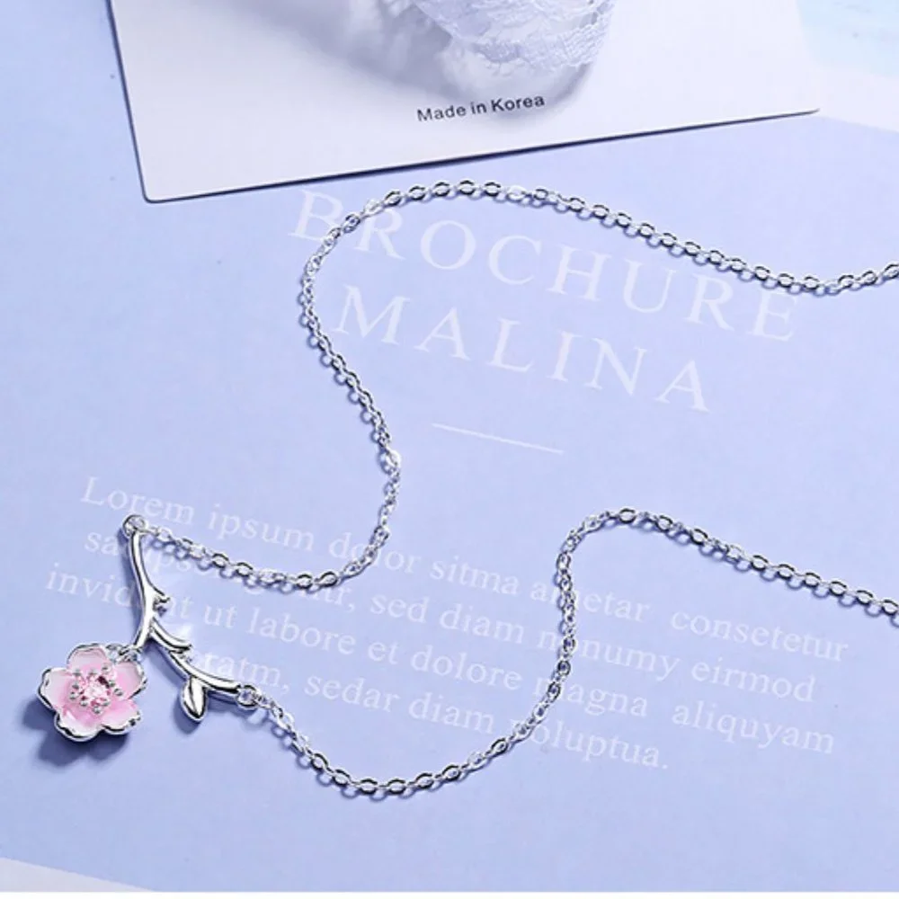 #NEW 925 Sterling Silver Pink White Diamond Cherry Blossom Leaf Branch Necklace
